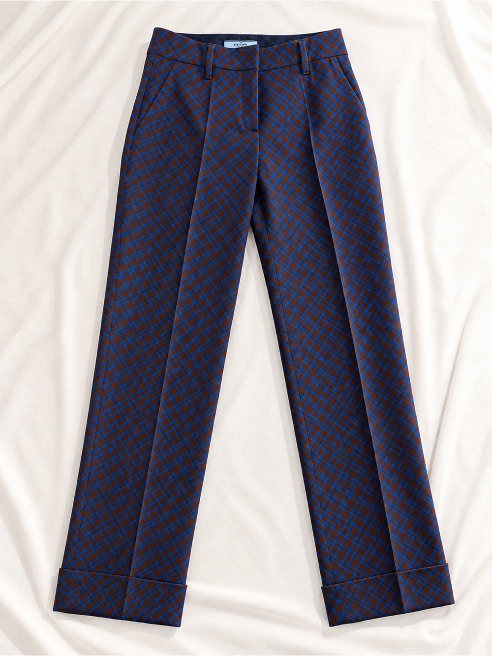 Prada 2014 Plaid Virgin Wool Tailored Cropped Trousers Brown Blue IT 38